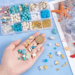 DIYの海のジュエリー作りキット  ヒトデとカメの合成ターコイズとアクリルビーズを含む  天然シェル＆合金＆304ステンレススチールペンダント  鉄丸カン  合金クラスプ  ミックスカラー  8mm  穴：1mm&nbsp;DIY-PH0013-77
