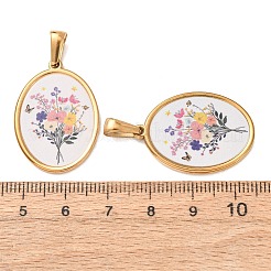 304ステンレスペンダント  オーバル フラワーチャーム付き  ゴールドカラー  29x20.5x2mm  穴：3x6.5mm&nbsp;STAS-D267-02E-G