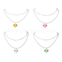 4個 4色 アクリル ハートペンダント ABSプラスチック イミテーションパール&ガラスシードビーズ ダブルレイヤーネックレス  プラチナ  ミックスカラー  16.85インチ（42.8cm）  1pc /カラー&nbsp;NJEW-JN05290