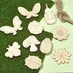 60 個 10 スタイル春のテーマの蝶/テントウムシ/花の未完成の木片  アートクラフトを描くための切り抜き  小麦  75~85x55~108x2.7mm  穴：2.5mm  6個/スタイル&nbsp;DIY-CJC0012-01