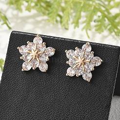 女性用フラワーブラスマイクロパヴェキュービックジルコニアスタッドピアス  カドミウムフリー＆鉛フリー  長持ちメッキ  ラックめっき  ゴールドカラー  透明  12x12.5mm&nbsp;EJEW-G428-28B-02