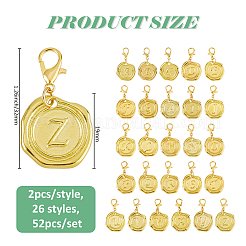 52個26スタイルの合金ペンダント装飾  合金製カニカン付き  文字a~z付きのフラットラウンド  ゴールドカラー  32mm  2個/スタイル&nbsp;HJEW-FH00114
