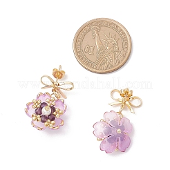 花の手作りガラスシードビーズダングルスタッドピアス  真鍮のスタッドピアス金具とアクリル  ゴールドカラー  ミディアム蘭  30x18.5mm&nbsp;EJEW-MZ00471-01
