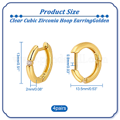 クリアキュービックジルコニアフープピアス4組  女性のための真鍮のアクセサリー  ゴールドカラー  13x13.5x2mm  ピン：0.8mm&nbsp;EJEW-NB0001-11G