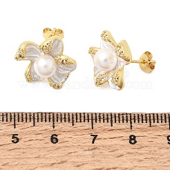 真鍮マイクロパヴェジルコニアエナメルスタッドピアス  花  absプラスチックパール  カドミウムフリー＆鉛フリー  ラックめっき  長持ちメッキ  ゴールドカラー  16.5x17mm&nbsp;CU-CBABA66-12A-G