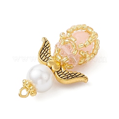 光る手作りガラスシードビーズの天使ペンダント  鉄製のループと合金製の翼とガラスのビーズ付き  暗闇で光る  ピンク  30x20x12mm  穴：1.4mm&nbsp;PALLOY-MZ00963-02