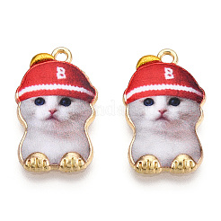 プリントされたライトゴールドトーン合金ペンダント  キャップチャーム付きカートン猫  クリムゾン  22.5x14x2.5mm  穴：1.6mm&nbsp;LS-ENAM-N056-208F