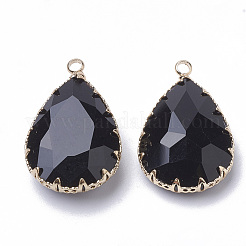 K9ガラスチャーム  ゴールデントーン真鍮パーツ  多面カット  ドロップ  ブラック  29~30x19x6~8.5mm  穴：2mm&nbsp;GLAA-Q069-06A