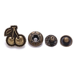スナップアクセサリー作り真鍮のスナップボタン  合金キャップ  衣服のボタン  カドミウムフリー＆鉛フリー  チェリー  アンティークブロンズ  キャップ：17x17mm  ピン：3mm  スタッド：10x4mm  ノブ：4.5mm＆10x6.5mm  ノブ：3.5mm  ソケット：12x4mm  ハーフドリル：5mm  4個/セット&nbsp;SNAP-S012-002-RS