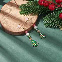 エナメル クリスマス ツリー ガラス パール ダングル イヤリング  女性のための金メッキ真鍮ジュエリー  カラフル  65mm  ピン：0.8mm&nbsp;EJEW-JE04961-04