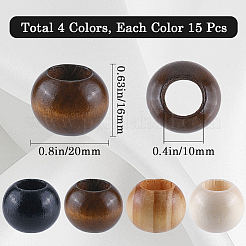 4色の木製大穴ビーズ60個  ロンデル  染め  DIYジュエリーアクセサリー  ミックスカラー  20x16mm  穴：10mm  15個/カラー&nbsp;WOOD-GF0002-18