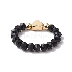 女性用ガラス＆真鍮ビーズストレッチリング  ハート  ブラック  内径：23mm&nbsp;RJEW-JR00858-01