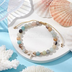 天然花アマゾナイト丸ビーズ編みビーズブレスレット  女性用、男性用、染色合成ターコイズビーズ付き  ヒトデ  内径：2~3-1/8インチ（5.2~8cm）&nbsp;BJEW-JB10692-01