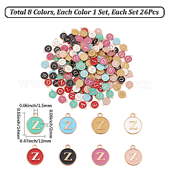 8袋8色の頭文字a〜zのアルファベットエナメルチャーム  フラットラウンドディスク両面チャーム  ゴールドカラー  ミックスカラー  14x12x2mm  穴：1.5mm  26個/袋  1袋/色&nbsp;ENAM-BM0001-11