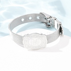 304ステンレススチール製時計バンドチェーンブレスレット（女性・男性用）  文字付きの楕円  ステンレス鋼色  文字m  8.54インチ（21.7cm）&nbsp;BJEW-P386-09P-M