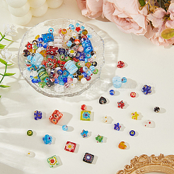 170個 7種類の手作りミルフィオリガラスビーズ  混合図形  ミックスカラー  6~10x6~10x3~12mm  穴：0.5~1.5mm&nbsp;LK-PA0001-01