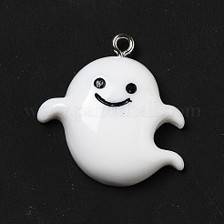 ハロウィン不透明樹脂ペンダント  プラチナトーンの鉄ループ付き  ゴースト  ホワイト  26x24x5.5mm  穴：2mm&nbsp;RESI-D055-104P