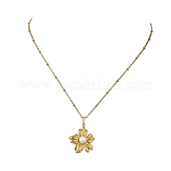 304ステンレススチールと天然パールのペンダントネックレス  花  ゴールドカラー  ミックスカラー  17.91インチ（45.5cm）&nbsp;NJEW-JN06379