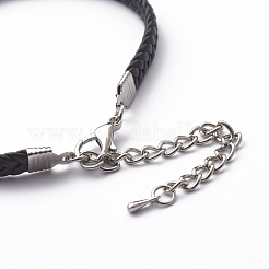 模造レザーコードブレスレット  合金製カニカン付き  プラチナ  ブラック  7-5/8インチ（19.5cm）&nbsp;BJEW-Z008-01