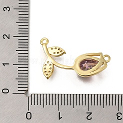 真鍮製キュービックジルコニアのバラの花のコネクターチャーム  カドミウムフリー＆鉛フリー  16KGP本金メッキ  ピンク  13.5x25x5.5mm  穴：1.2mm&nbsp;KK-R0002-26G-01