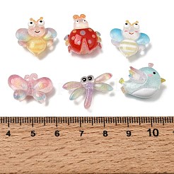 透明樹脂とグリッターパウダーのカボション  トンボとミツバチと鳥とテントウムシと蝶  ミックスカラー  12~18x16~22x5~6.5mm&nbsp;RE-CBAA73D-02