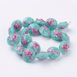 手作り凹凸柄ランプワークビーズ連売り  花付きフラットラウンド  ミックスカラー  17~20.5x10~14mm  穴：1.4mm&nbsp;LAMP-K027-06