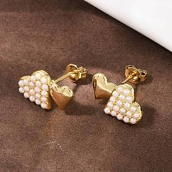 真鍮、ABS樹脂、パール、ハートスタッドピアス  長持ちメッキ  ラックめっき  18KGP本金メッキ  11x16mm&nbsp;EJEW-L275-14G-02
