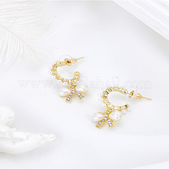 合金スタッドピアス1組  蝶結び  ラインストーンとプラスチックパール  ゴールドカラー  30x14mm&nbsp;EJEW-LP0007-076