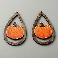 ハロウィーンのテーマ プリント ウッド ビッグ ペンダント  ティアドロップチャーム  カボチャ模様  54.5x34x2.5mm  穴：1.6mm&nbsp;X1-WOOD-TAC0015-09A