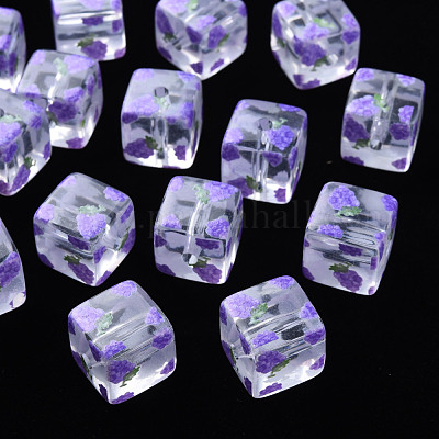 透明印刷アクリルビーズ  フルーツ模様の四角  ぶどう柄  16x16x16mm  穴：3mm&nbsp;MACR-S374-08A-04-1
