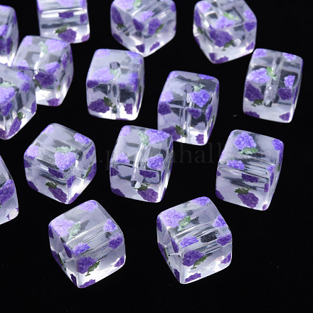 透明印刷アクリルビーズ  フルーツ模様の四角  ぶどう柄  16x16x16mm  穴：3mm&nbsp;MACR-S374-08A-04-1
