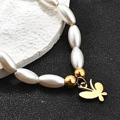 女性用304ステンレススチール製バタフライチャームブレスレット  プラスチック製の模造パールビーズ付き  イオンプレーティング（ip）  ゴールドカラー  7インチ（17.9cm）&nbsp;BJEW-C098-08G