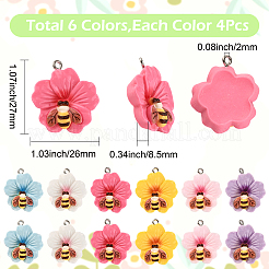 24個6色不透明樹脂ペンダント  蜂と花  プラチナ鉄ループ付き  ミックスカラー  27x26x8.5mm  穴：2mm  4個/カラー&nbsp;RESI-SC0006-46