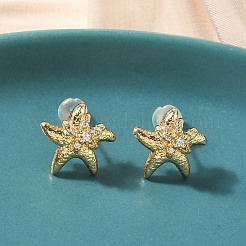 ヒトデ真鍮マイクロパヴェクリアキュービックジルコニアスタッドピアス  ニッケルフリー  18KGP本金メッキ  12x12.5mm&nbsp;EJEW-Z152-03G