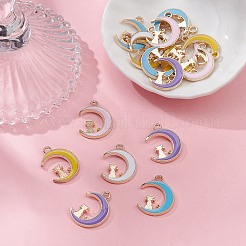 20本5色合金エナメルペンダント  ライトゴールド  月と猫のチャーム  ミックスカラー  19.5x14.5x1.5mm  穴：2mm  4個/カラー&nbsp;ENAM-YW0002-77