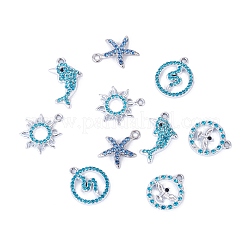 10本5スタイルアロイペンダント  ラインストーン付き  プラチナ  アクアマリン  16.7~21.5x13~16.5mm  2個/スタイル&nbsp;FIND-TADJ0001-26C