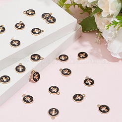 ライトゴールドメッキ合金エナメルペンダント100個。  クロスとフラットラウンド  ブラック  15x12x1.5mm  穴：1.6mm&nbsp;ENAM-AR0001-75