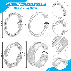 4個、4つのスタイル、925つのスターリングシルバーのカフイヤリング  C字型  プラチナ  11~12x1~4mm  1個/スタイル&nbsp;EJEW-PH0001-38P