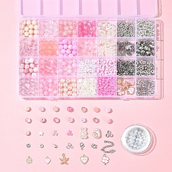 DIY 丸型ガラス & CCB プラスチックビーズ ブレスレット作成キット  ピンク  6~18x2.5~15x2~7.5mm  穴：1.2~2mm&nbsp;DIY-FS0007-56B