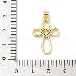 真鍮マイクロパヴェクリアキュービックジルコニアペンダント  ハートチャーム付きクロス  18KGP本金メッキ  26x17.5x2mm  穴：4x3.5mm&nbsp;KK-B176-01G-03