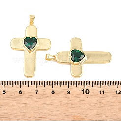 真鍮製ガラスチャーム  ハートチャーム付きクロス  カドミウムフリー＆鉛フリー  長持ちメッキ  ラックめっき  18KGP本金メッキ  グリーン  38x26x5mm  穴：3x4mm&nbsp;KK-P353-12G-05