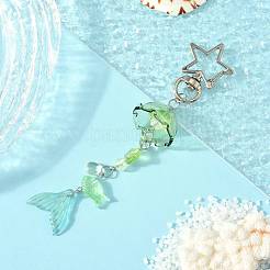 ガラス、ランプワーク、アクリルのペンダント装飾  花と魚の尾  合金スイベルカニカン付き  薄緑  125mm&nbsp;KEYC-FS00033-05