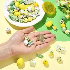 レモンをテーマにしたプリントの木製ビーズ  混合図形  9~24.5x12.5~24x4.5~19.5mm  穴：1.8~5mm  100個/セット&nbsp;WOOD-CJ0002-75