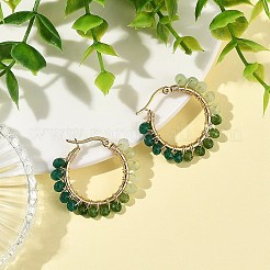 染色された天然マレーシア産翡翠のロンデルビーズと201ステンレススチール製のフープピアス  304ステンレススチールフープピアス  ゴールドカラー  ミックスカラー  32x4mm&nbsp;EJEW-JE07415