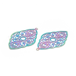 304ステンレスペンダント  エッチングされた金属装飾  ひし形の花のチャーム付き  虹色  42.5x24x0.3mm  穴：1.6mm&nbsp;STAS-B038-02MC