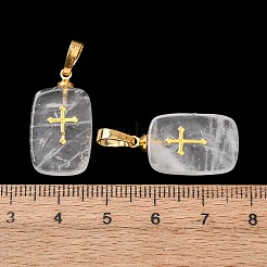 天然石クオーツクリスタルペンダント  真鍮製の金具と304ステンレススチール製のカボションを使用  ゴールドカラー  十字模様のチャーム付き長方形  23~23.5x13~13.5x3.5~4mm  穴：7.5x4mm&nbsp;G-G461-06G-05