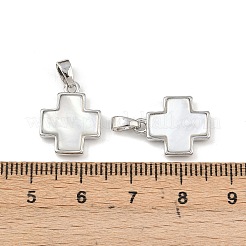 ラックメッキ真鍮天然パウア貝ペンダント  クロス  プラチナ  15.5x12.5x3mm  穴：5mm&nbsp;KK-U025-03P-01-1