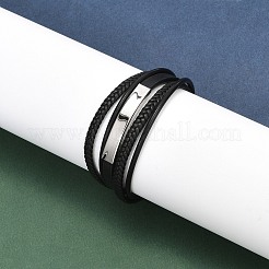 男性用編み込みレザーコードマルチ連ブレスレット  316サージカルステンレススチールの研磨されたバックルと304ステンレススチールの留め具付き  ステンレス鋼色  8インチ（20.3cm）&nbsp;BJEW-Z081-12P