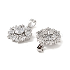 真鍮と透明キュービックジルコニアのペンダント  花のチャーム  プラチナメッキ  20x18.5x5mm  穴：5.5x4mm&nbsp;KK-G558-06P