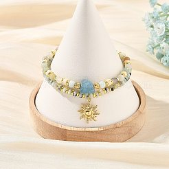 天然セサミジャスパー、アクアマリン、フラワーアマゾナイトのビーズを使用したストレッチブレスレットセット  真鍮の太陽のペンダント付き  積み重ね可能なブレスレット  ゴールドカラー  ミックスカラー  内径：2.15~2.19インチ（5.45~5.55cm）  約2個/セット&nbsp;BJEW-JB14494